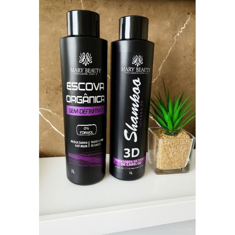 Kit Escova Orgânica + Shampoo 3D Mary Beauty 1L – Zero Formol, Tratamento Profissional para Todos os Tipos de Cabelo