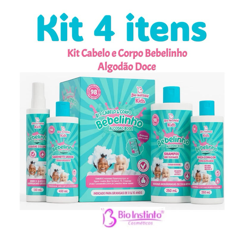 Kit Infantil Bebelinho Bio Instinto Kids Algodão Doce - Shampoo, Condicionador, Sabonete e Colônia 0 a 12 anos