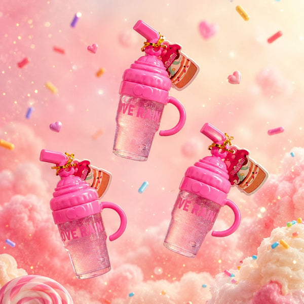 Lip Gloss Love Rain Mini Caneca com Glitter – Brilho Labial Kawaii Infantil Teen